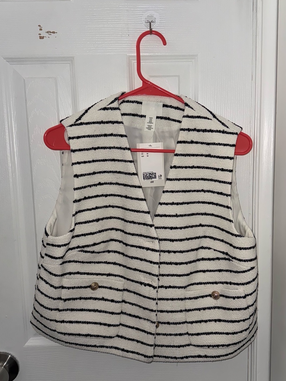 H&M White Bouclé Vest with Black Stripes